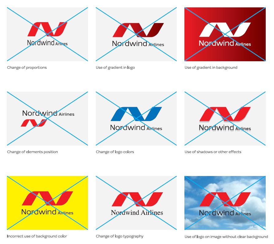Примеры некорректного использования логотипа Nordwind Airlines